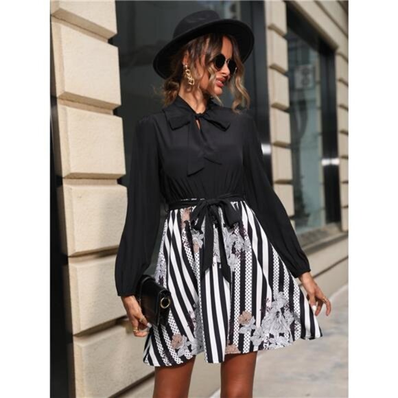 Striped Tie Front Long Sleeve Mini Dress - Picture 1 of 6